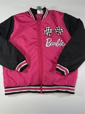 Barbie "Let's Roll" Pink & Black Racing Varsity Bomber Jacket Size 14 L